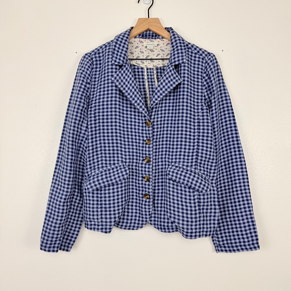 Sundance Ziri Linen Blazer Jacket Womens S Gingham Blue Check Button Front Boho